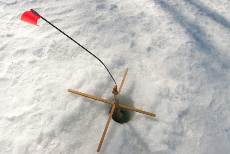 When the bait gets eaten the small flag tips-up, signaling to reel in the fish.