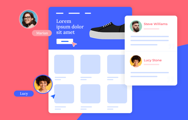 Collaborative design interface showcasing real-time editing and user profiles for a product wireframe