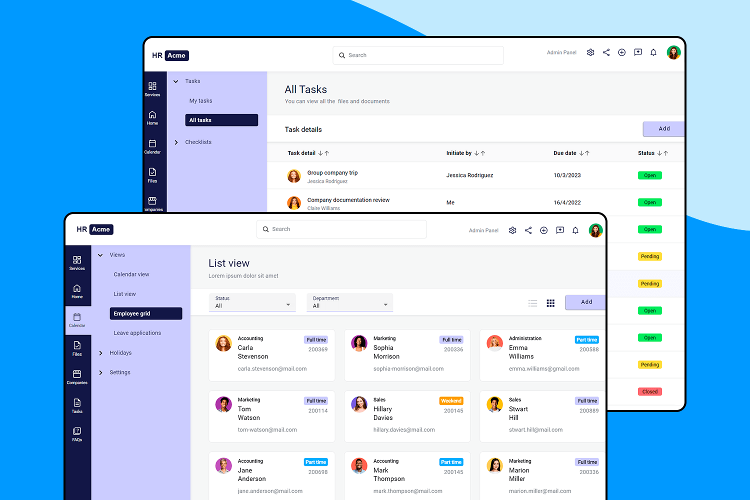 HR web app UI design example showcasing a dashboard with task management, employee grid, and calendar features