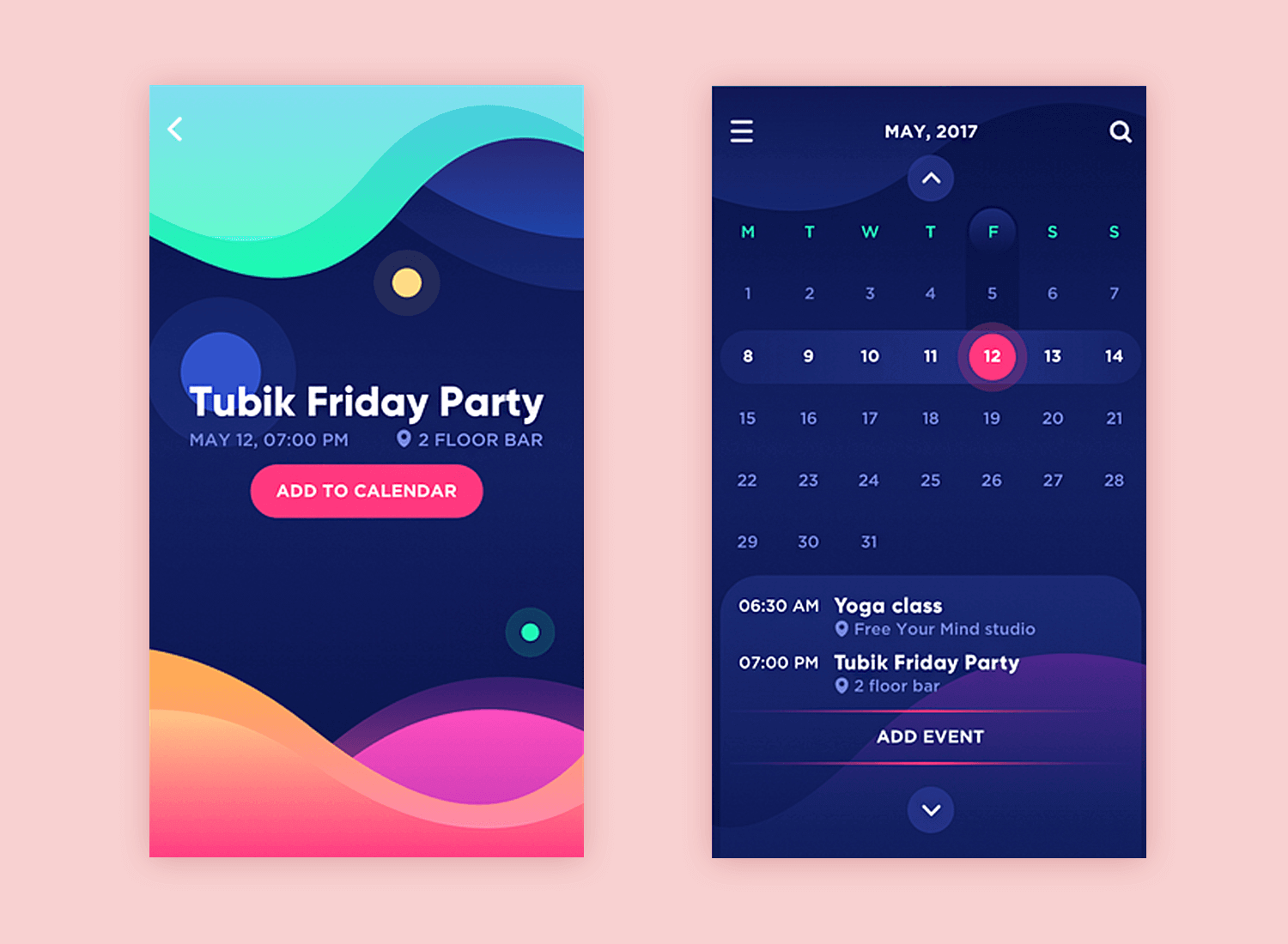 Bright Vibe calendar app design featuring a bold party invite interface and event scheduling.