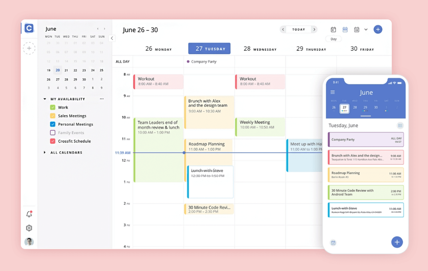 Calendar.com app displaying a detailed weekly schedule with color-coded events and tasks for efficient planning