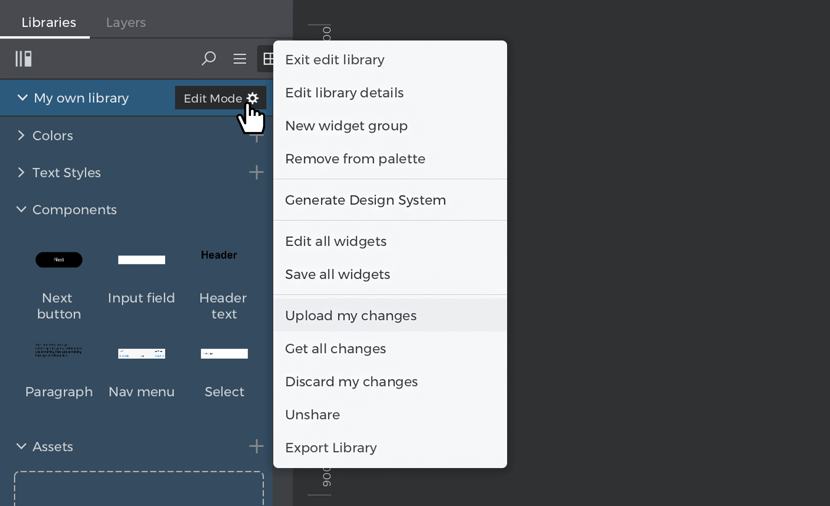 Click the gear button and select commit to upload changes to the shared library