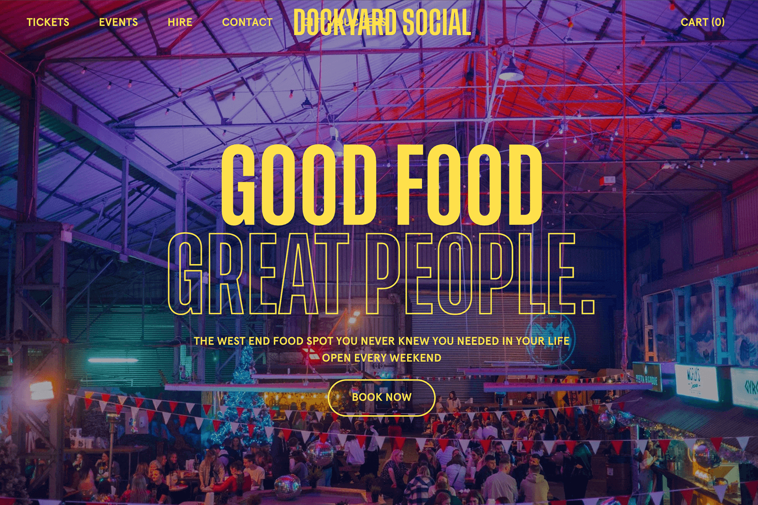 Dockyard Social website featuring parallax scrolling with bold yellow typography and vibrant event imagery