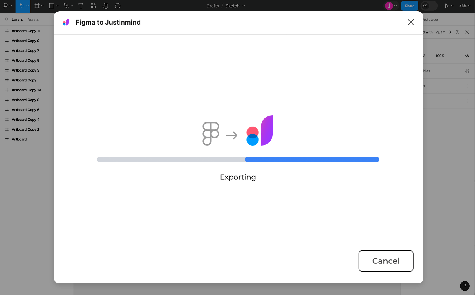 Exporting to Justinmind dialog