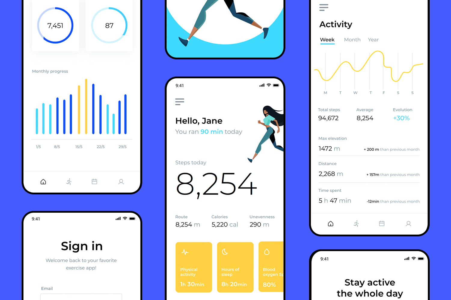 Fitness app UI example featuring clean design, step tracking, and activity stats