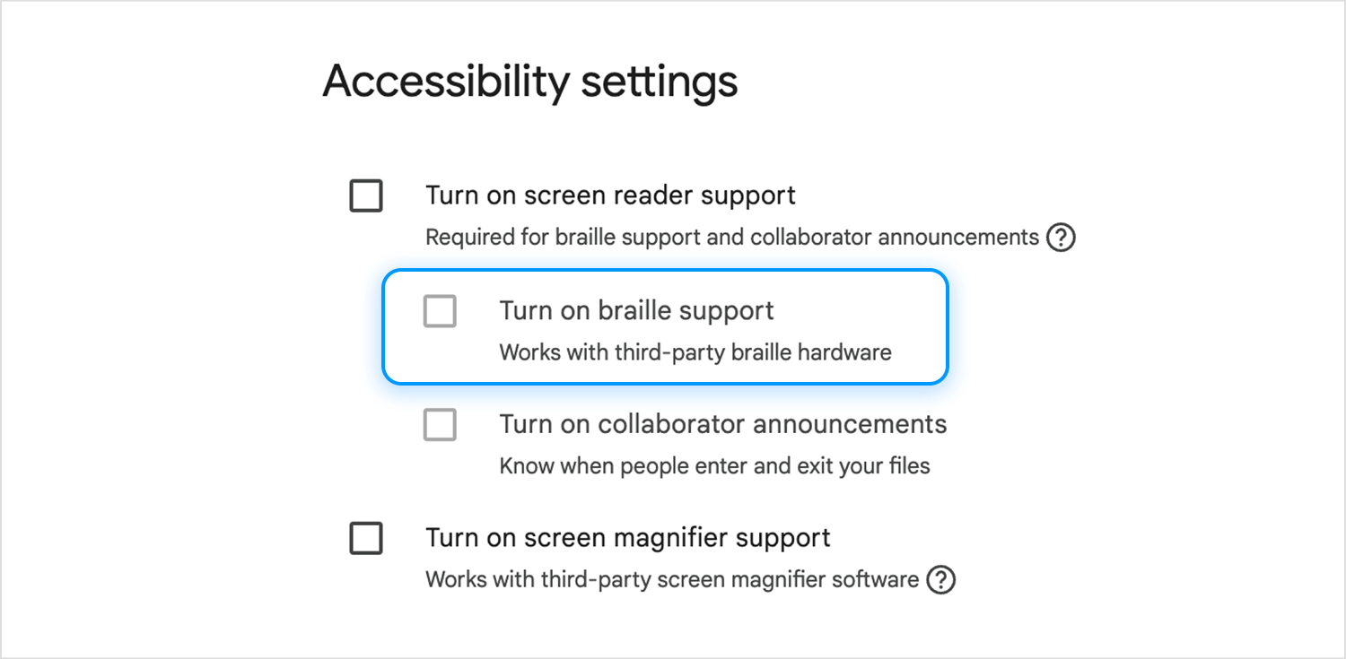 Google Docs accessibility settings with options for screen reader, braille support, and magnifier features