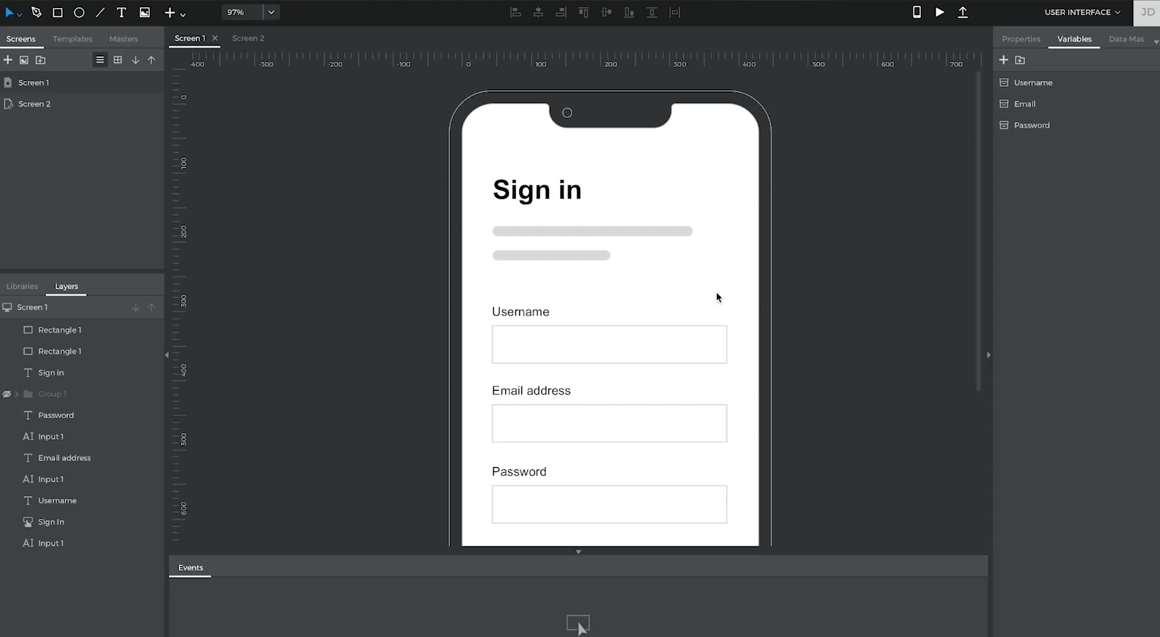 Interactive wireframes: screen flow validation - set variables