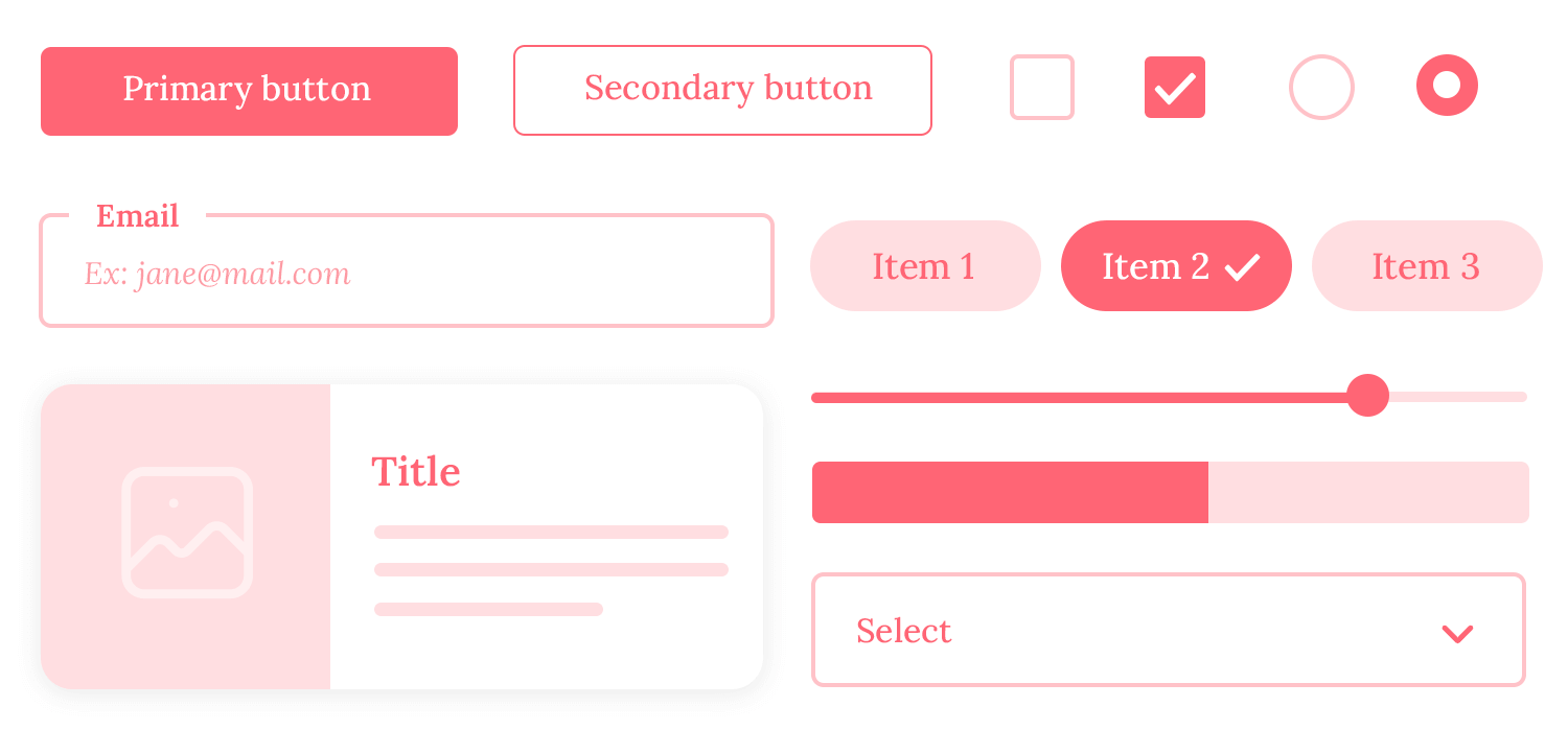 Interactive UI components including buttons, checkboxes, sliders, and dropdowns.