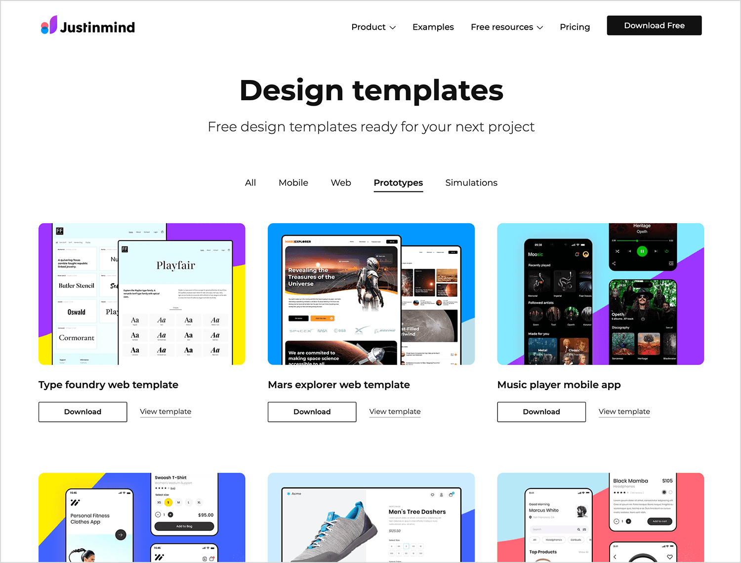 Justinmind page with free design templates for mobile, web, prototypes, and simulations, including type foundry, Mars explorer, and music player templates