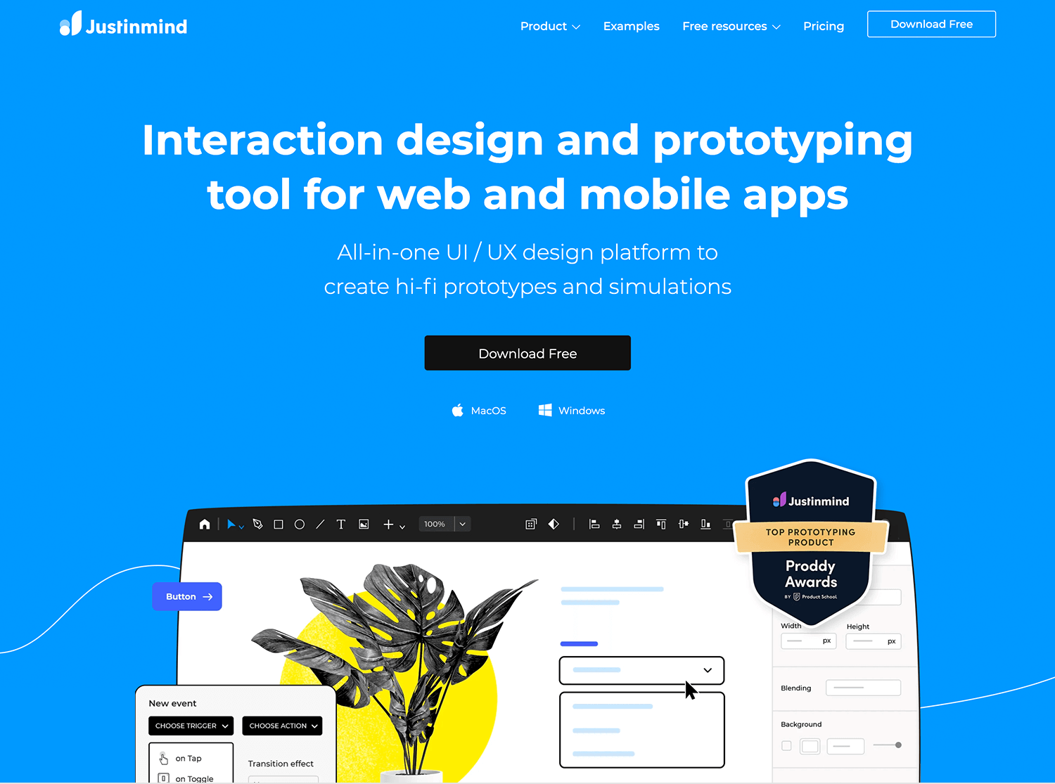 Justinmind prototyping tool interface for creating interactive UI and UX designs.