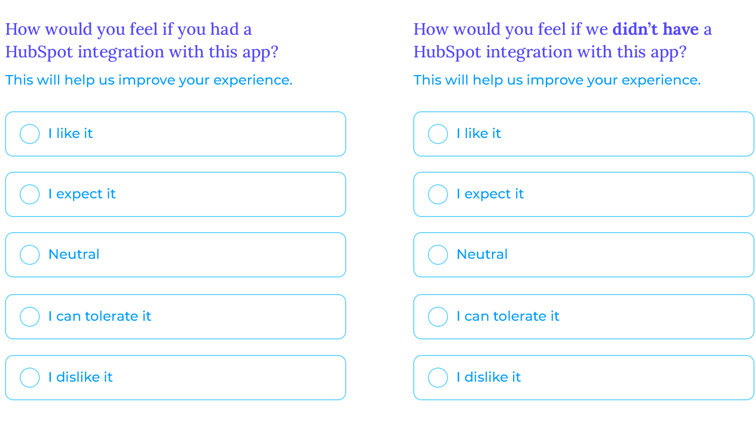 Kano Model survey example for HubSpot integration, featuring functional and dysfunctional paired questions to gauge user preferences