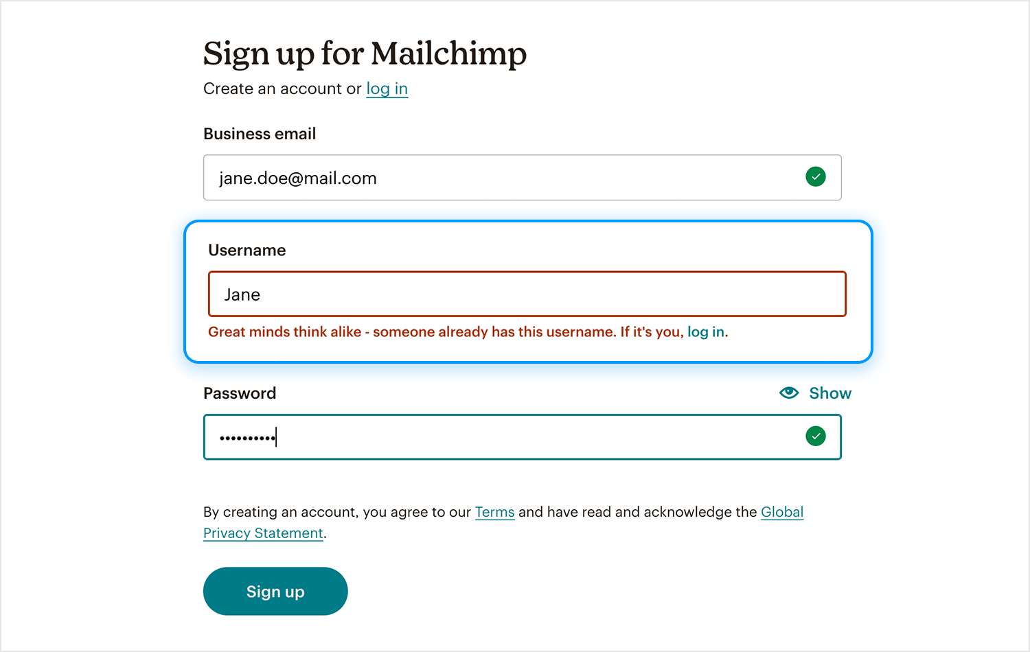 Mailchimp signup form showing username error message with friendly microcopy.