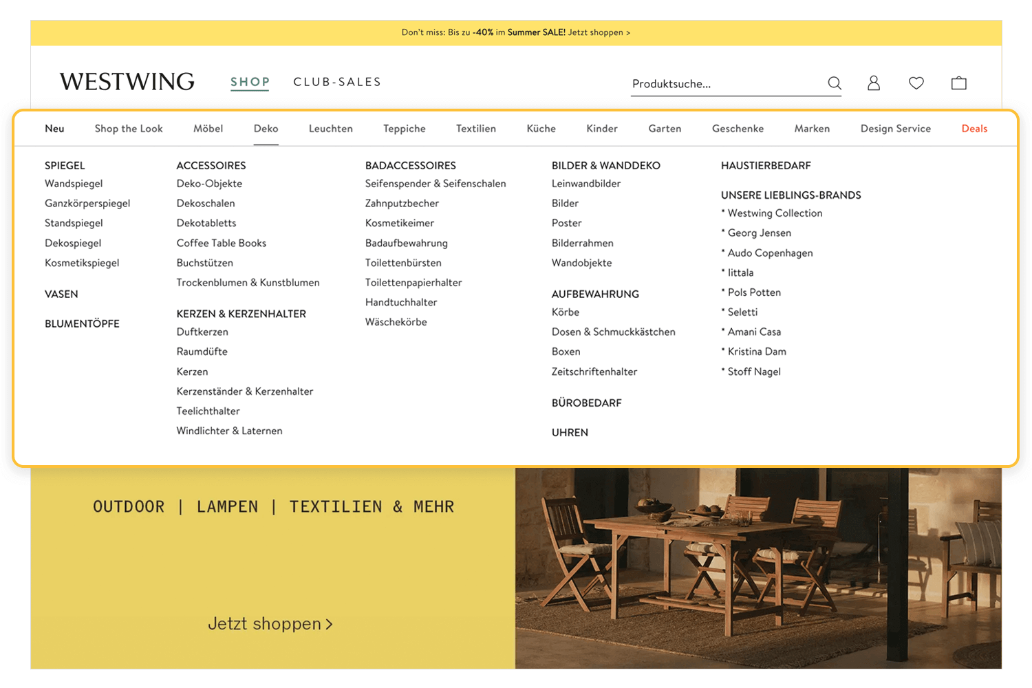 Mega menu with various product categories and subcategories