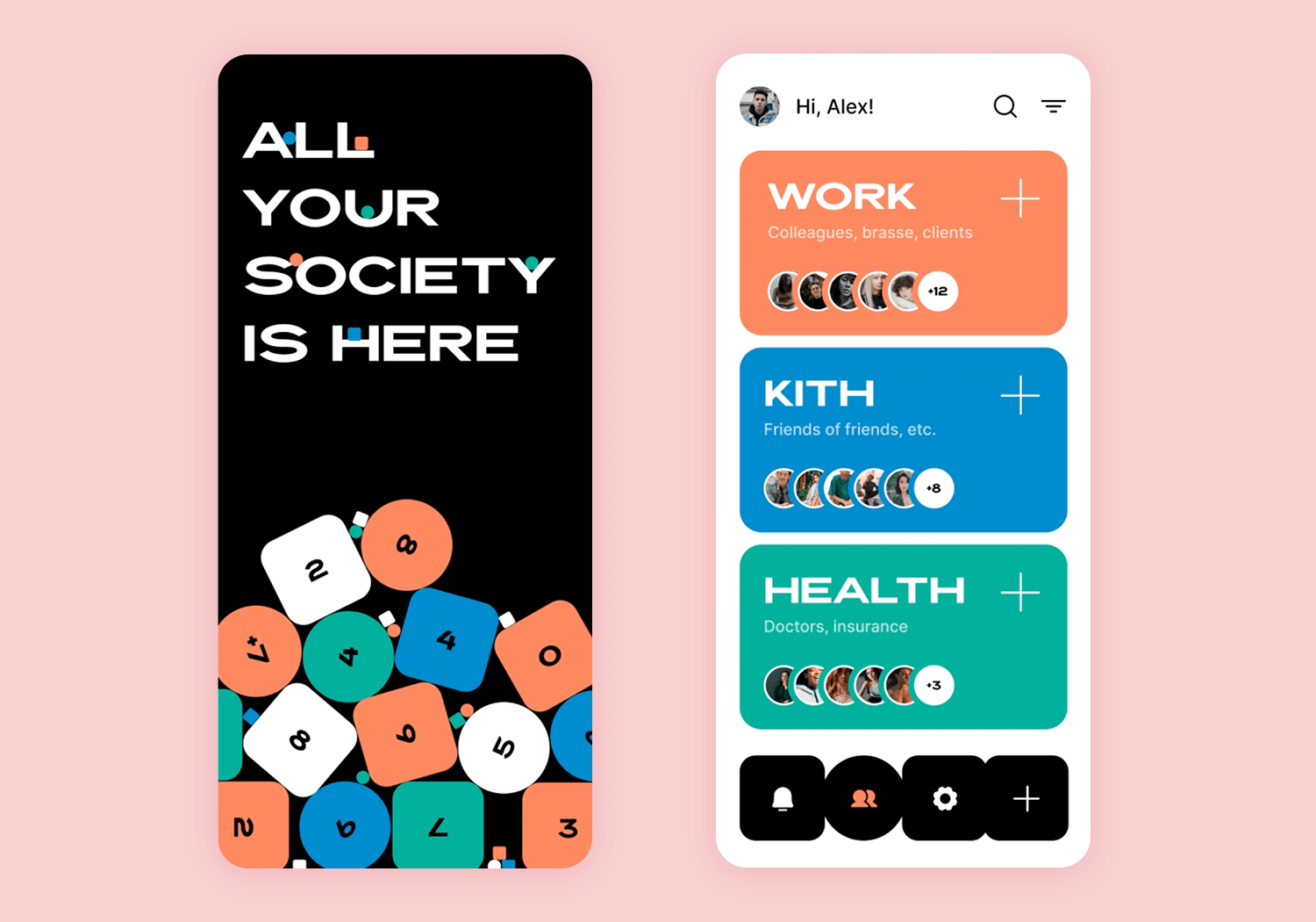 Memory calendar app design showcasing categories like work, health, and friends with a vibrant and social interface.