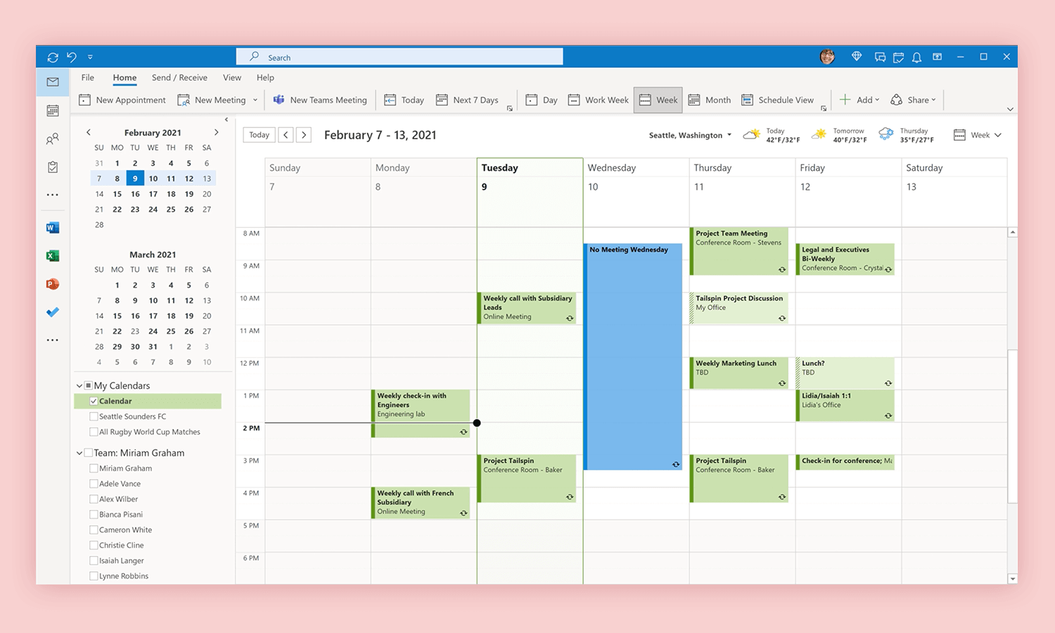 Microsoft Outlook calendar app showing a weekly schedule view with meetings and events organized by time slots