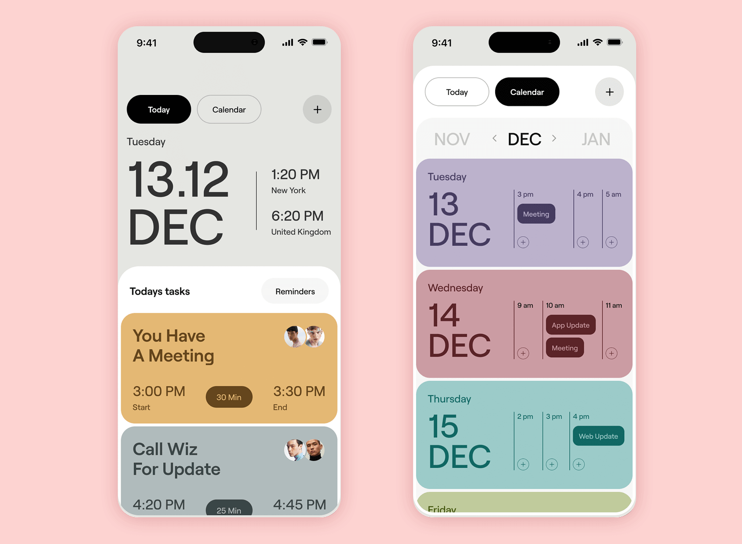 Modern mobile calendar app design featuring tasks, reminders, and a sleek date navigation interface