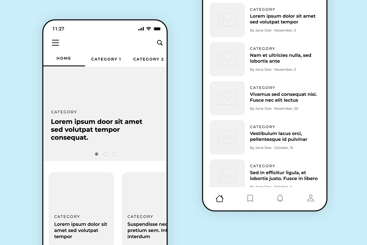 Article app mockup with homepage and list view.