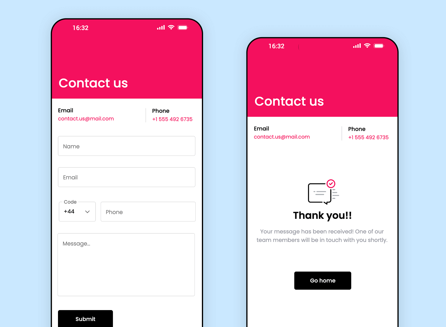 Classic contact form app mockup with form and confirmation screens