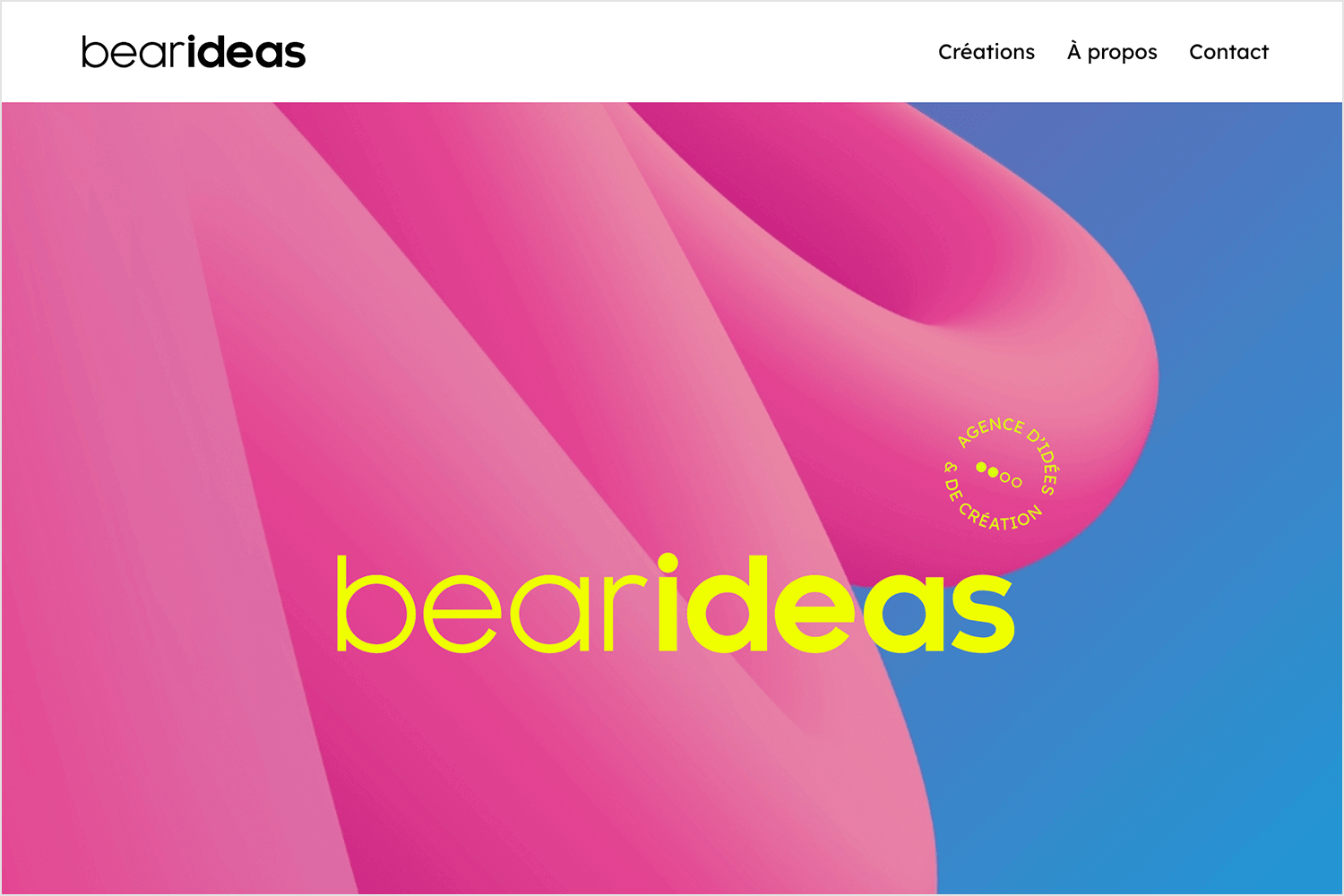 Bearideas website featuring a bold parallax scrolling effect with vibrant pink and blue visuals