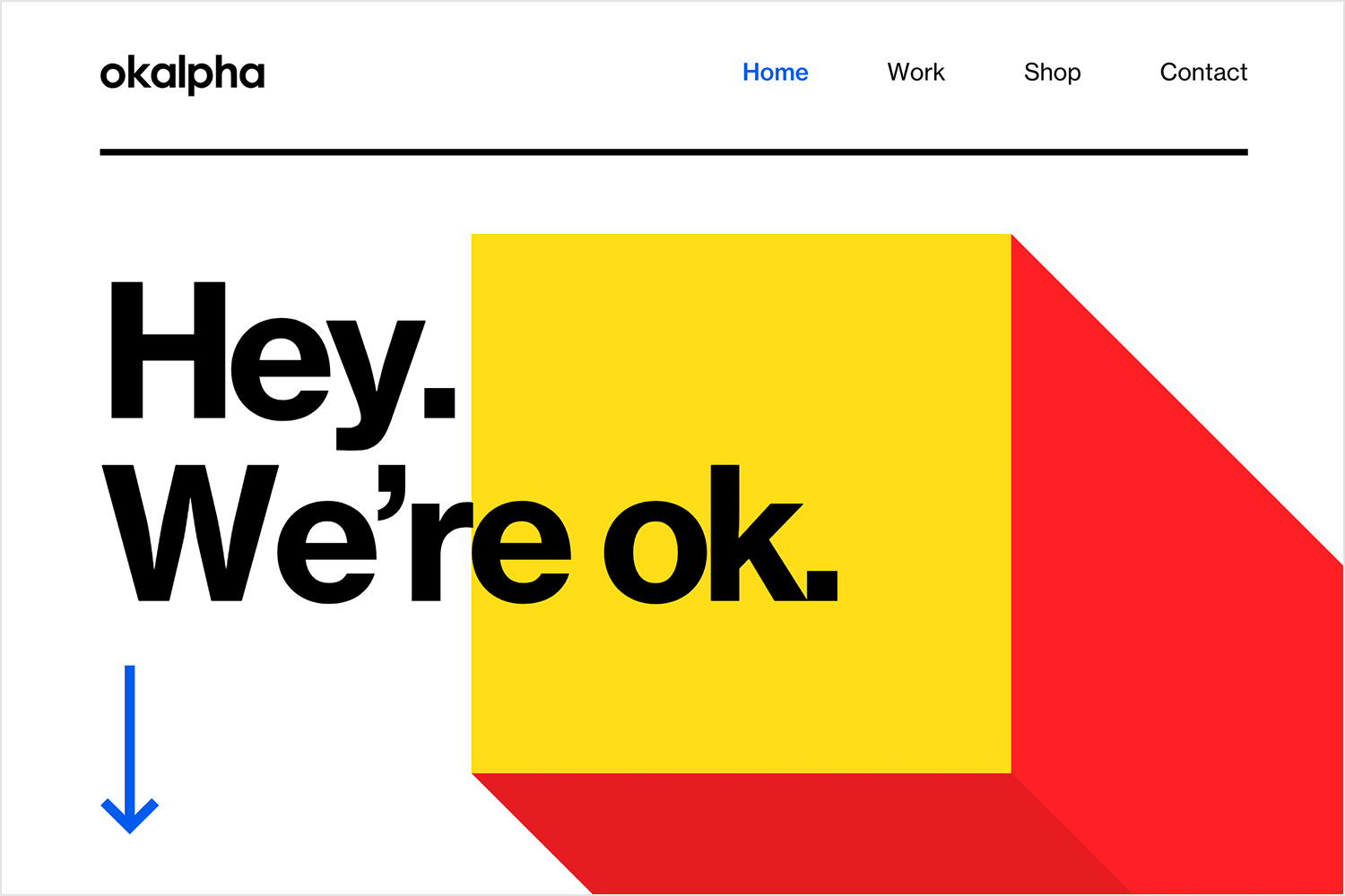 Okalpha website showcasing a vibrant parallax effect with bold typography and colorful geometric shapes