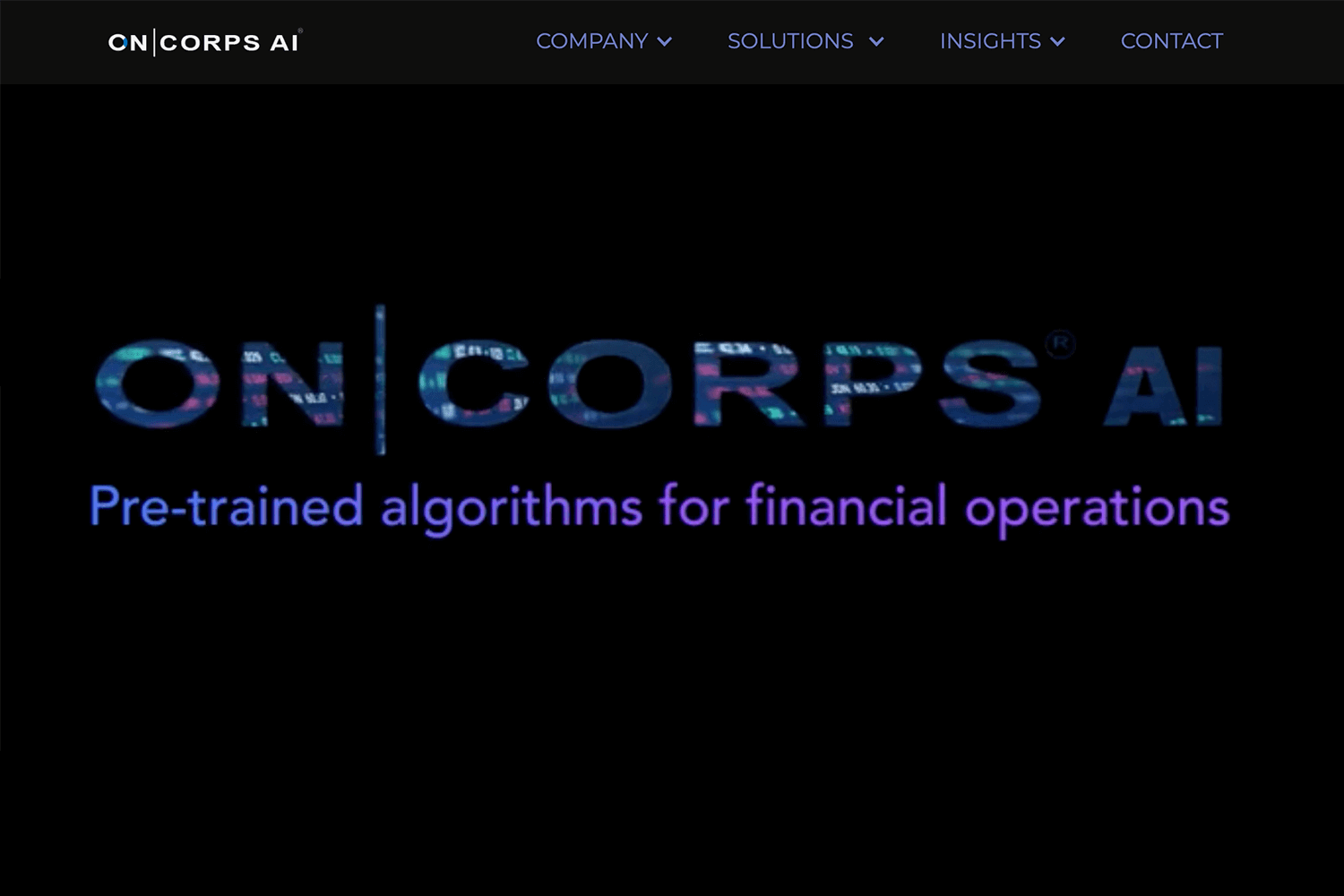 OnCorps AI website featuring parallax scrolling and a sleek design showcasing pre-trained algorithms for financial operations.