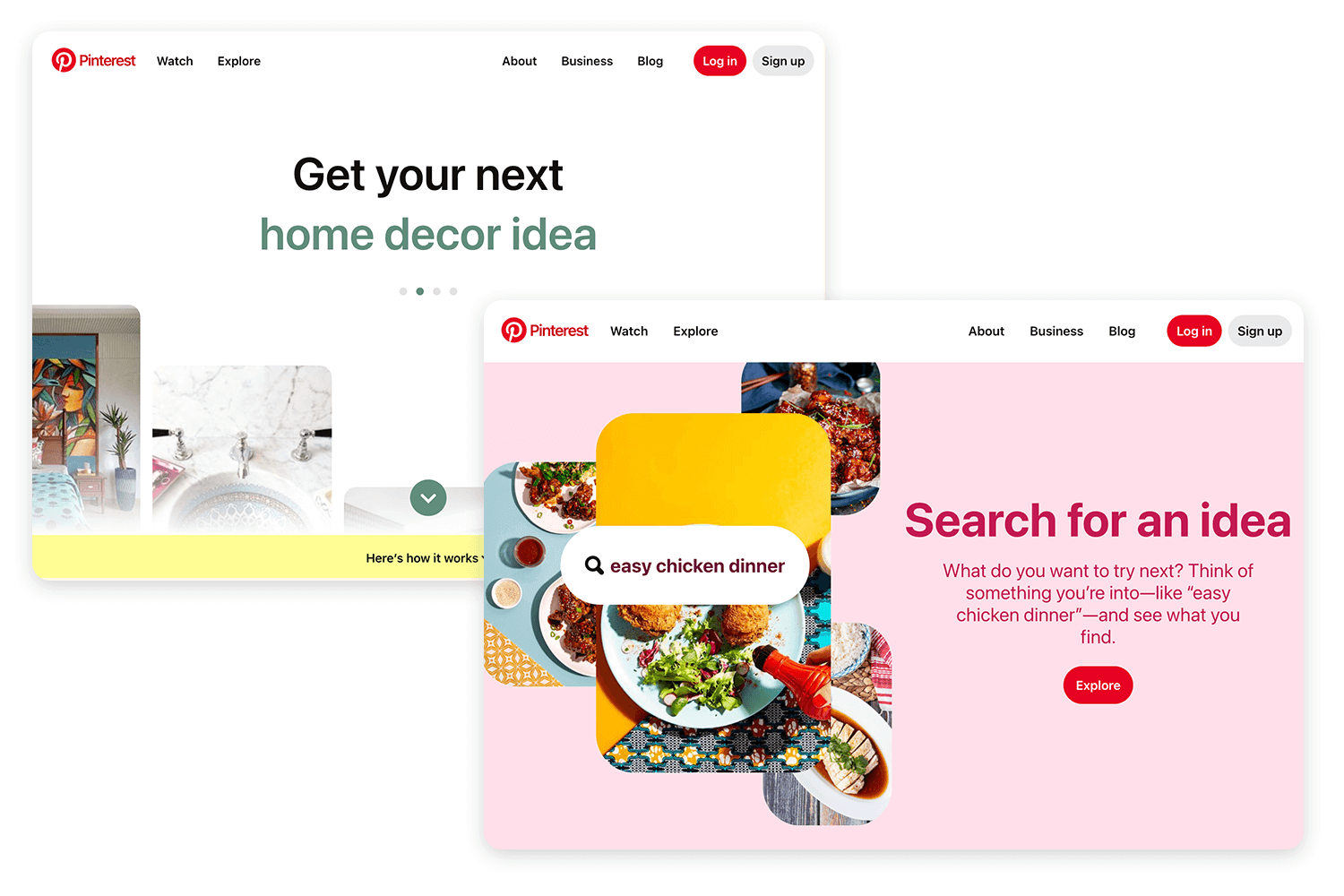 Pinterest's homepage uses progressive disclosure to guide users with clean visuals and expandable options for discovery