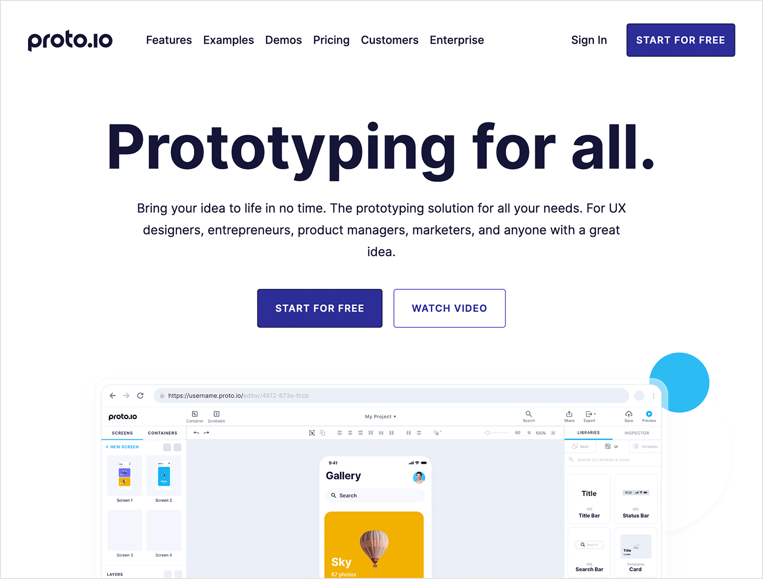 Proto.io website showcasing its prototyping platform for UX designers with a drag-and-drop interface and animation tools.