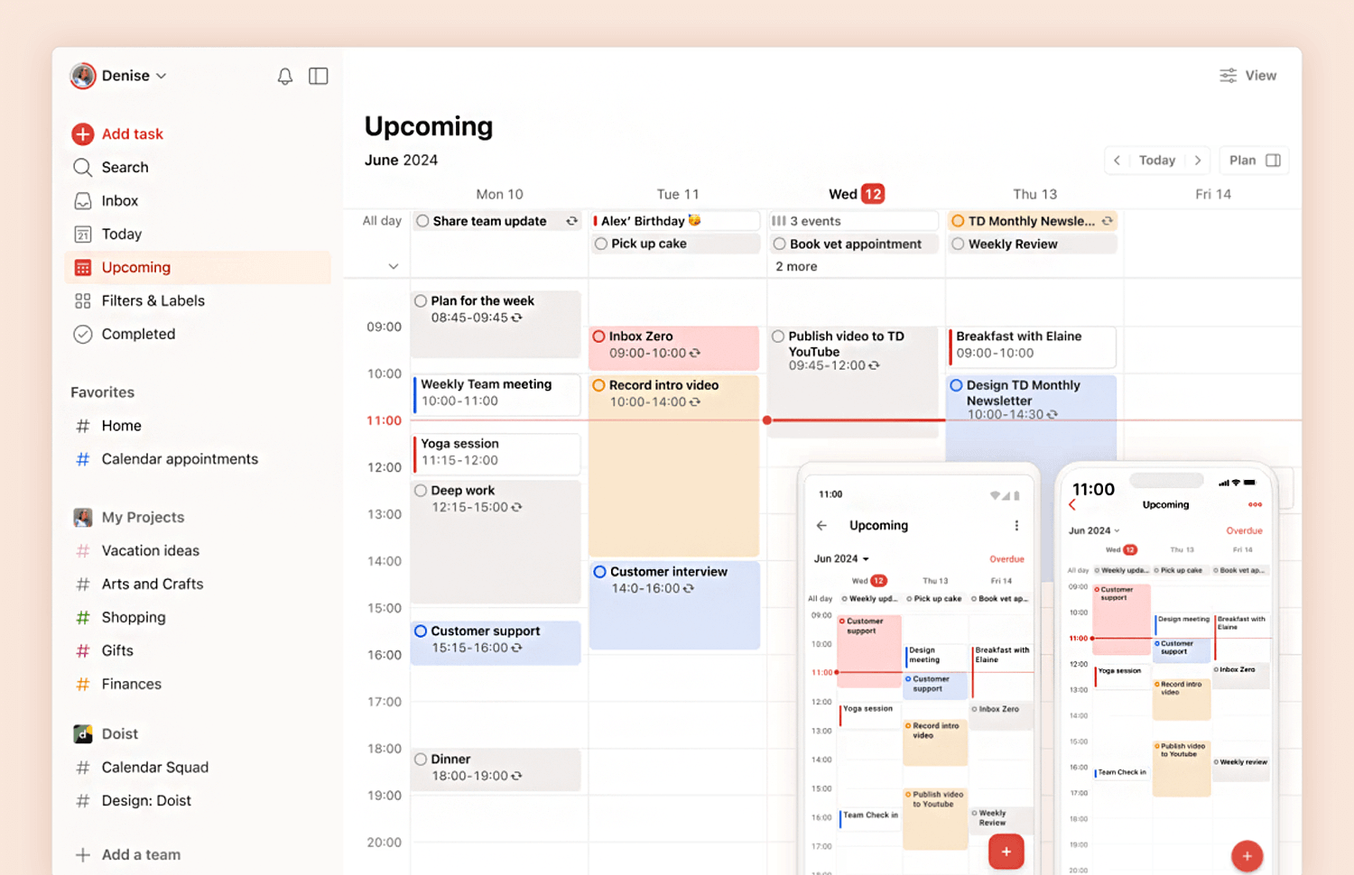 Todoist calendar app showcasing an organized weekly schedule with tasks and appointments in a clear, color-coded layout.