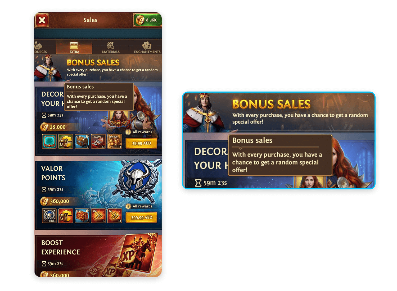 Total Battle game highlights bonus offers with tooltips, keeping the interface clean and user-focused.