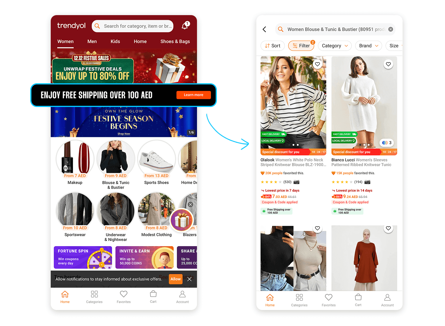 Trendyol app showcasing festive deals and progressive disclosure for product details and offers.