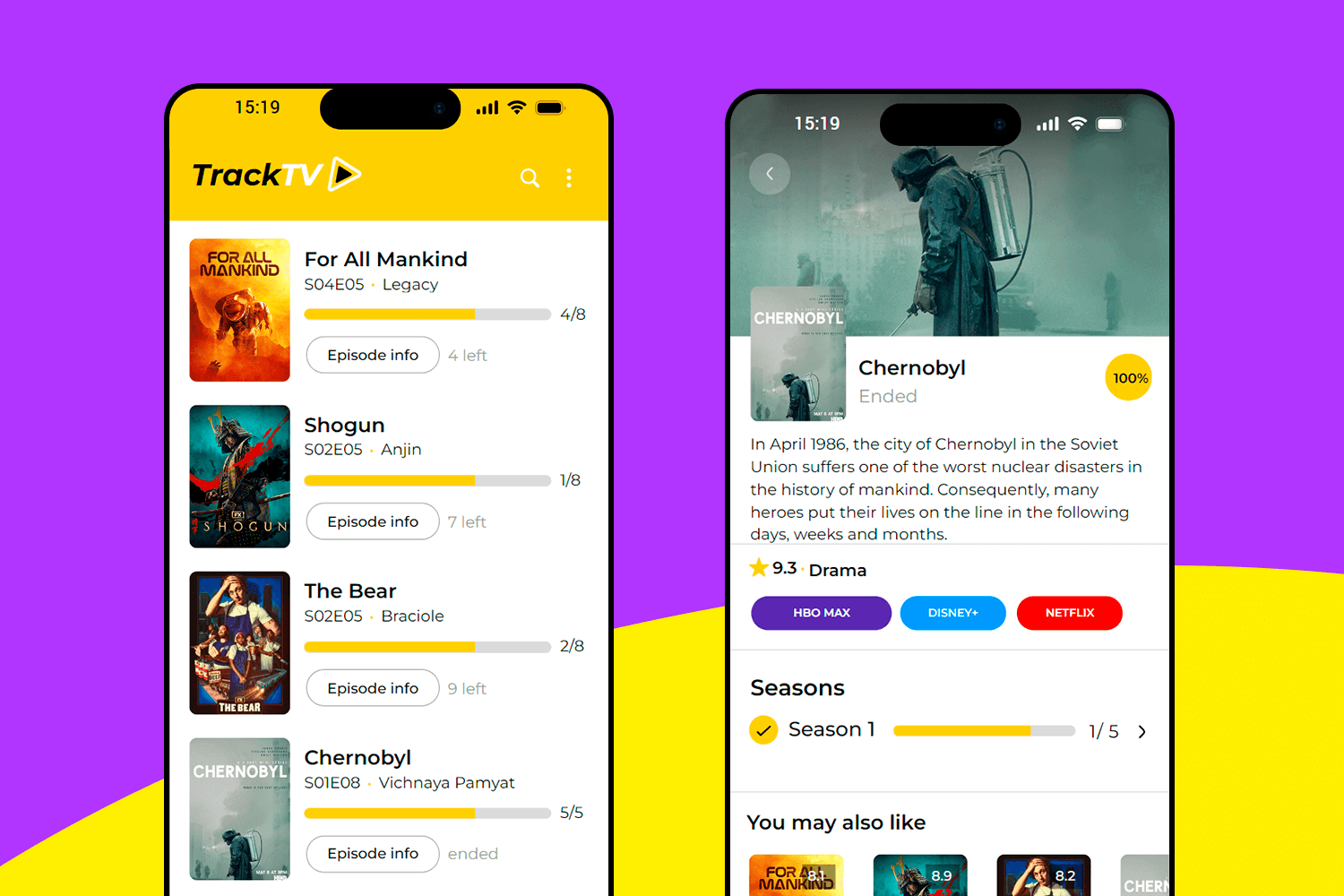 Mobile TV shows tracker app UI design example