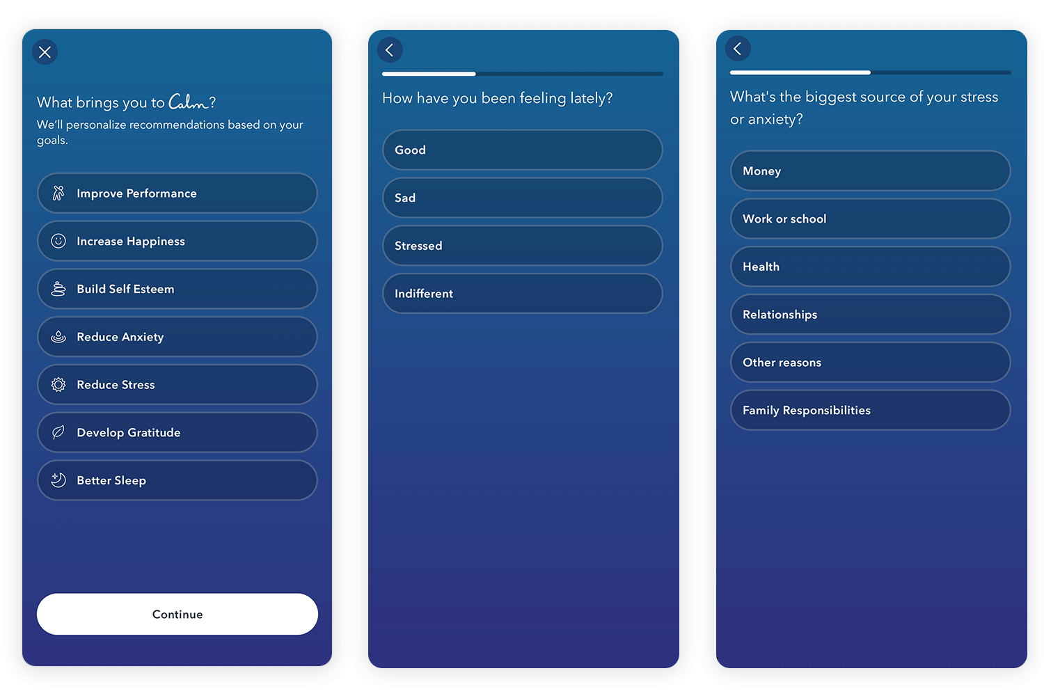 Calm app onboarding screen for selecting wellness goals and stress factors.