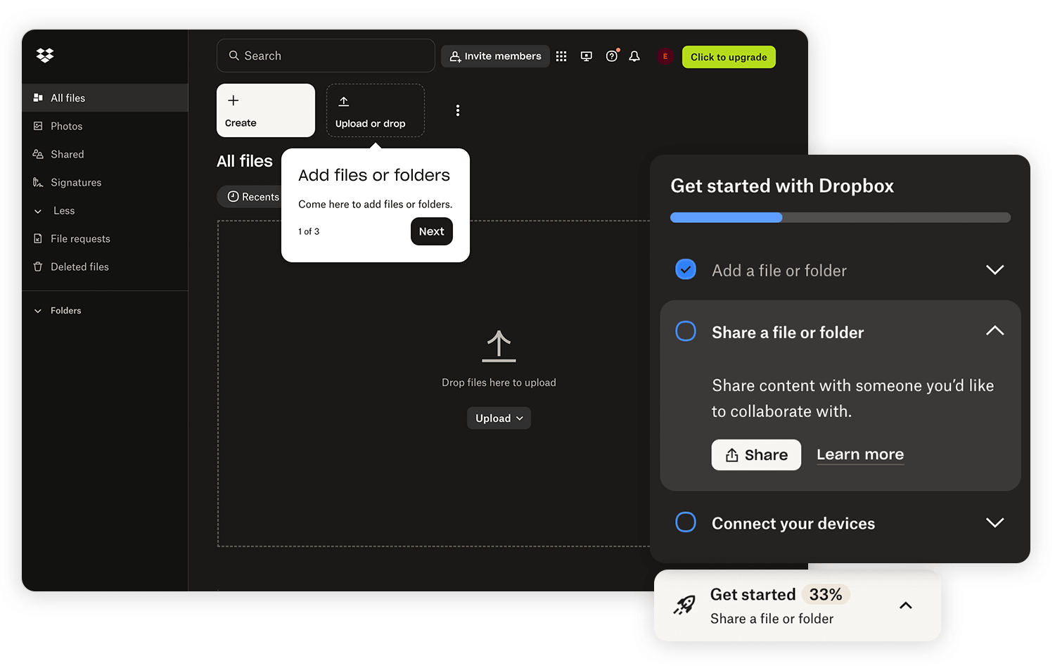 Dropbox onboarding flow with file upload and sharing instructions