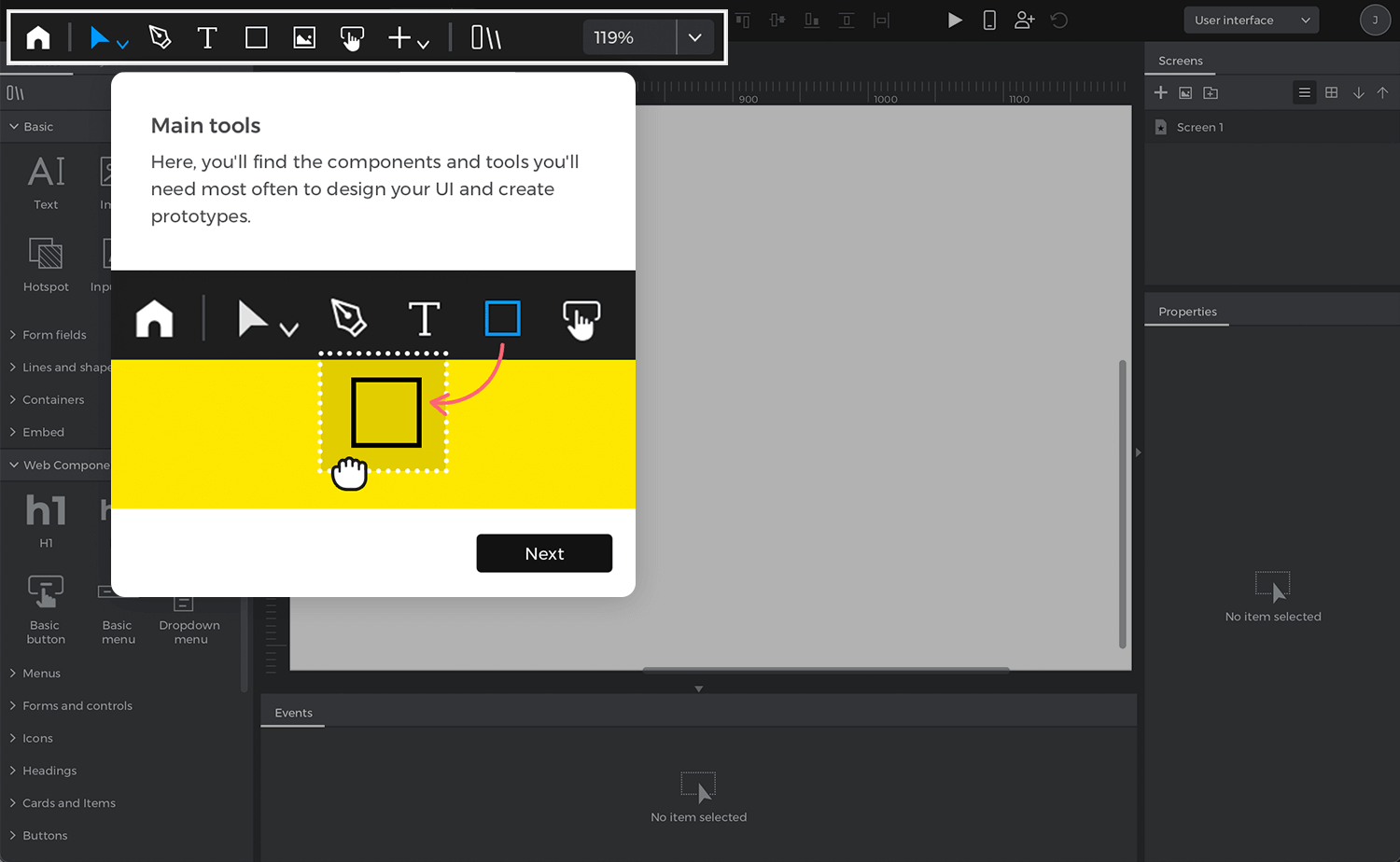 Justinmind onboarding screen introducing main UI design tools.