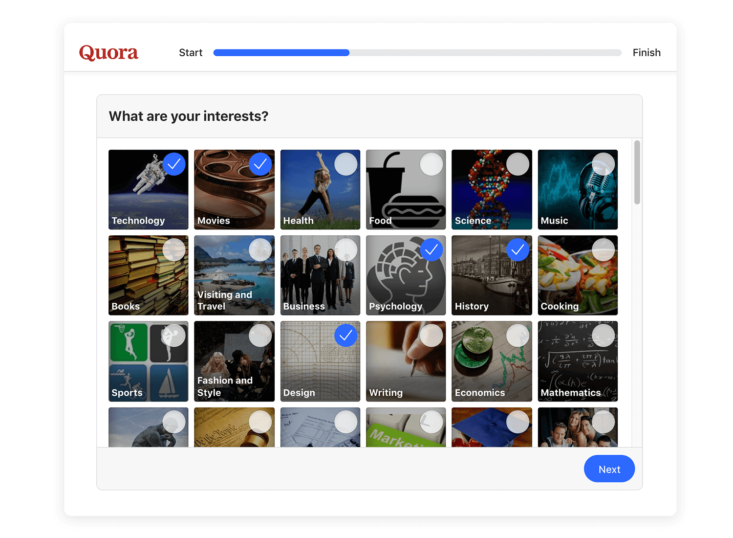 Quora onboarding screen to select user interests