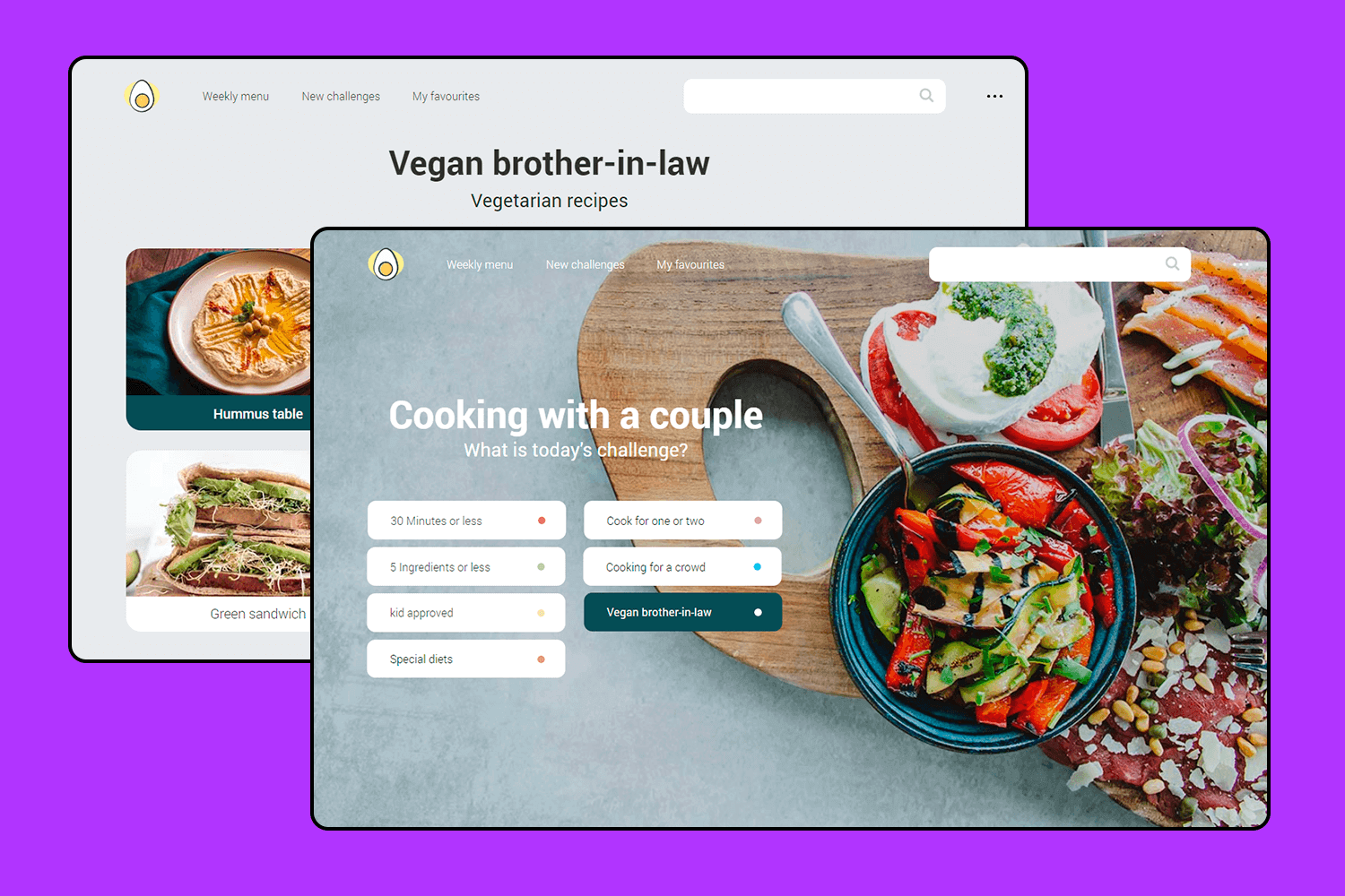 A minimalist UI design example of a vegan cooking app, offering easy recipe choices based on dietary needs