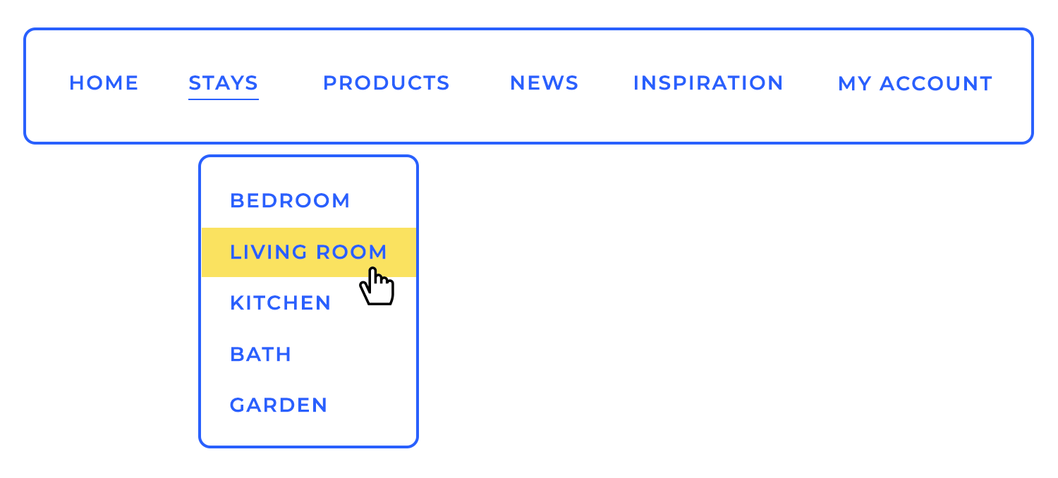 Dropdown navigation menu with highlighted living room option