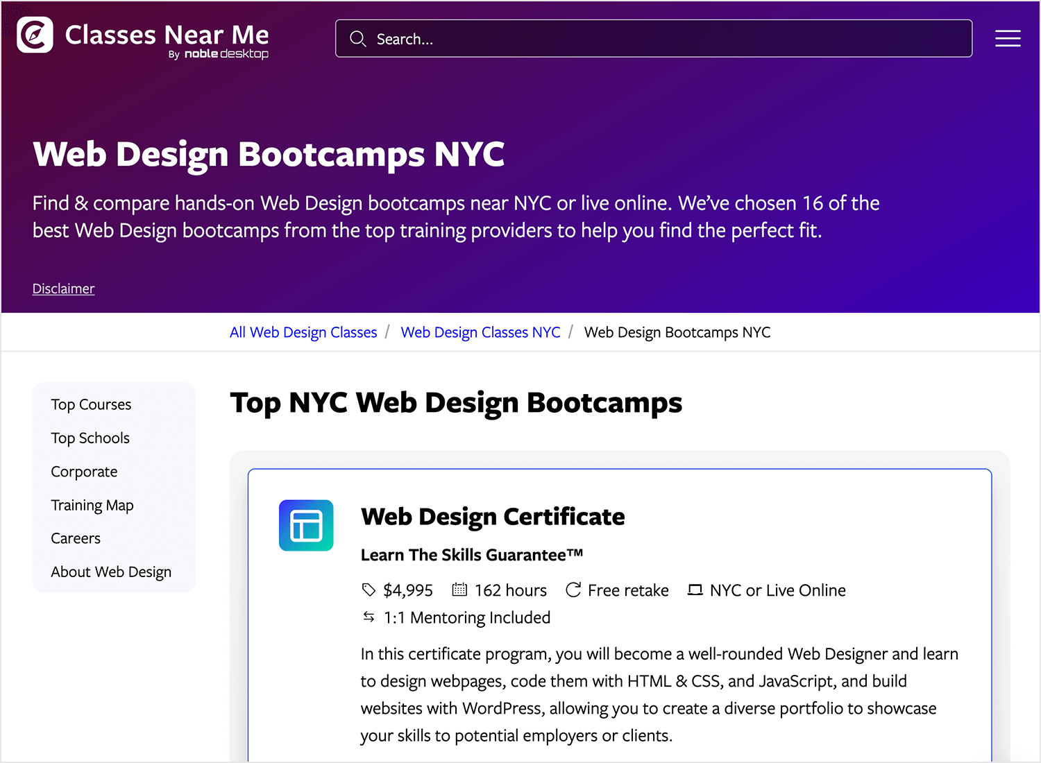 Web Design Bootcamps NYC page from Noble Desktop, featuring top courses and a Web Design Certificate program