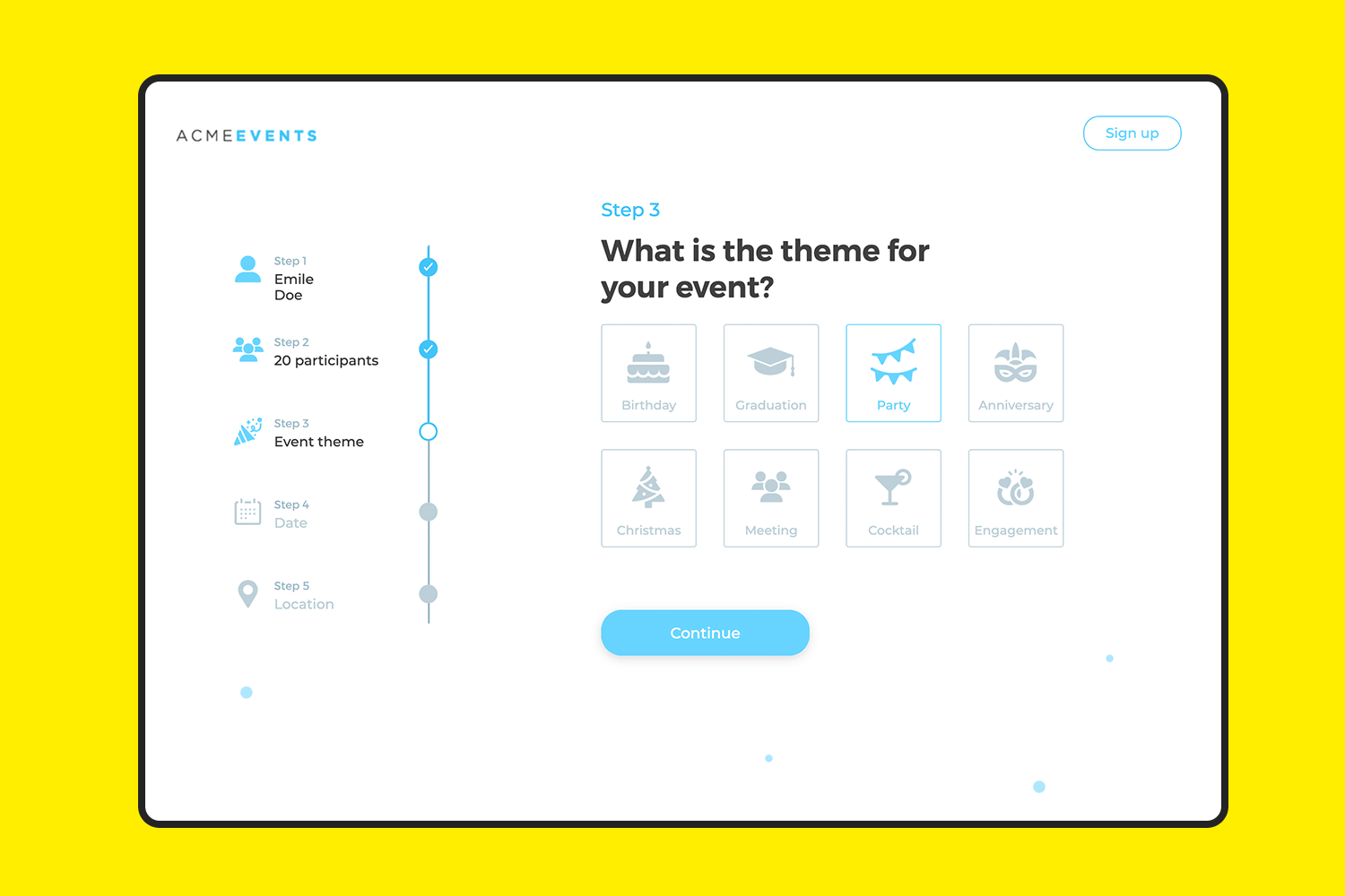 Web form event registration template with event theme selection