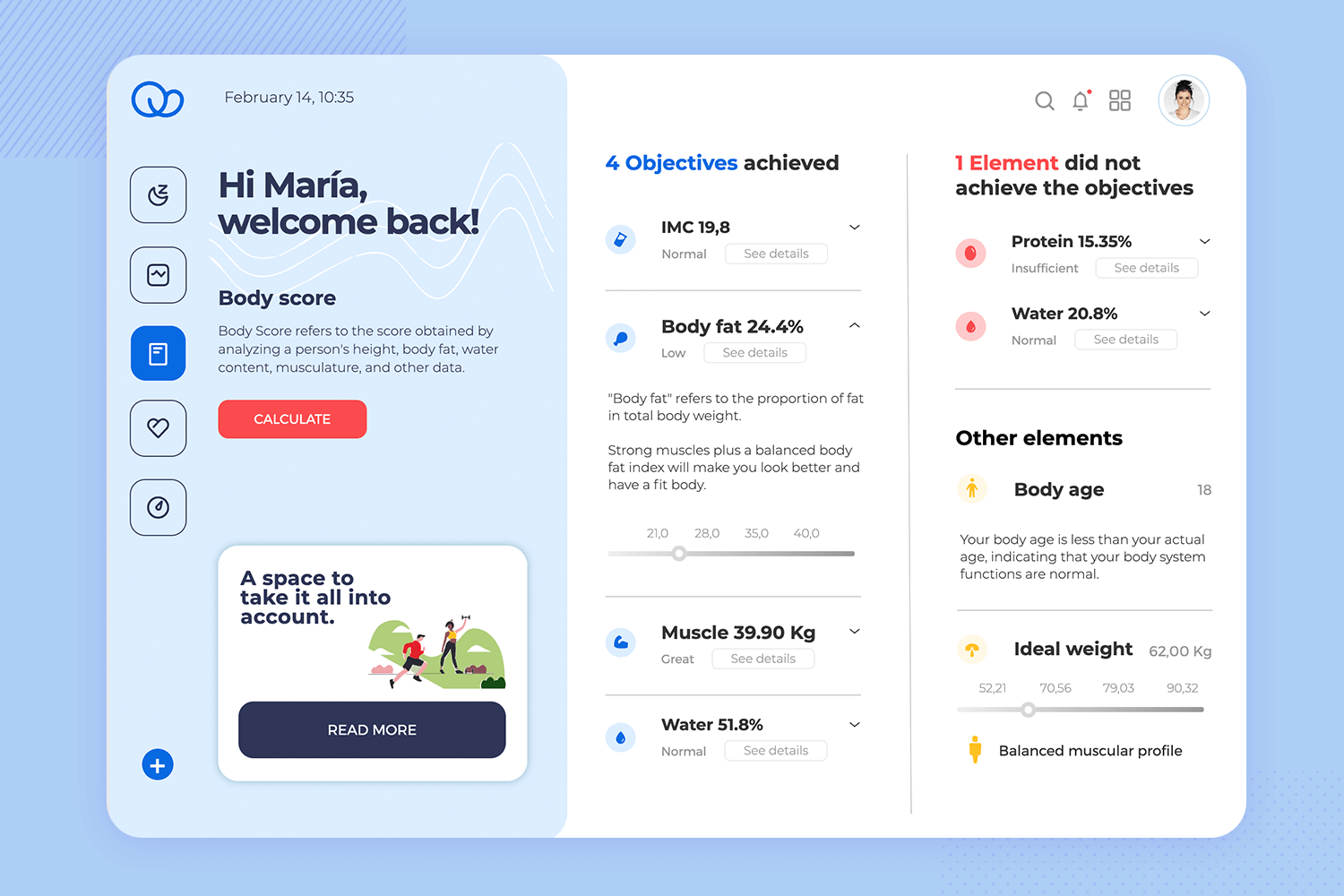 Weight tracking app mockup showing personalized body score, objectives achieved, and elements that need improvement.