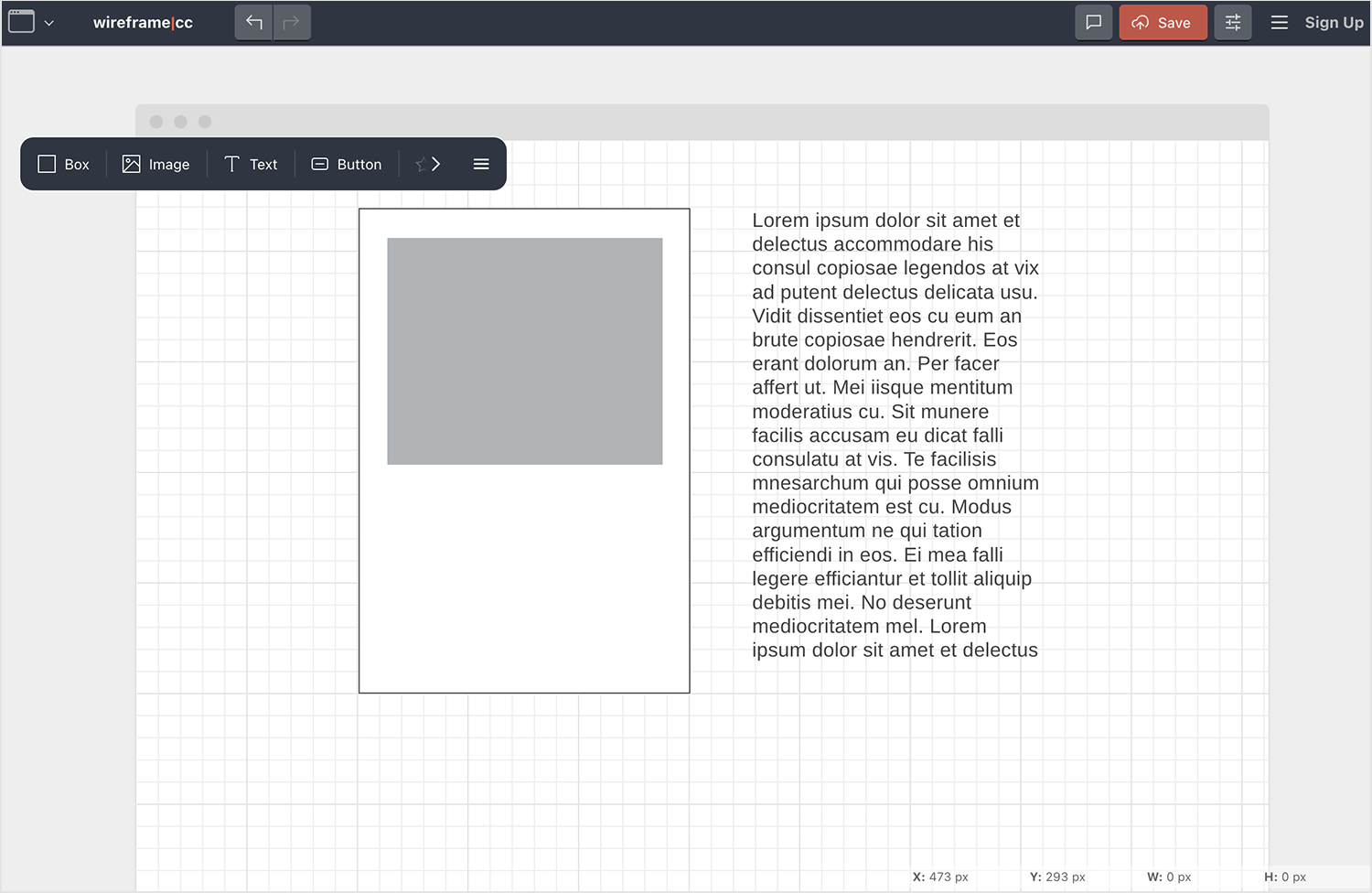 Wireframe.cc UI showcasing a minimalist wireframing tool with a text editor, image placement, and drag-and-drop elements for simple prototyping.